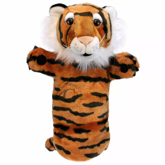 A Long Sleeved Hand Puppet with the head of a Tiger. Made of soft and furry material, with a realistic looking face and is mouth moving.