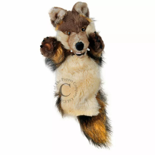 A Long Sleeved Hand Puppet with the head of a Wolf. Made of soft and furry material, with a realistic looking face and is mouth moving.