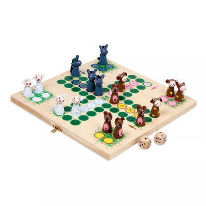 a wooden board game with animals on it.