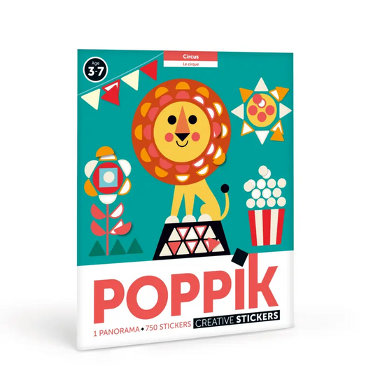 The Poppik Sticker Panorama – Circus is a colorful sticker pack for ages 3-7 with circus lion, popcorn, circus tent, and shapes. Includes a panoramic fold-out poster for a fun sticker activity.