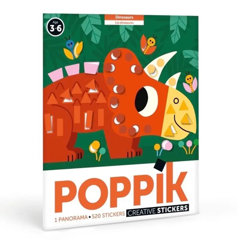 The Poppik Sticker Panorama – Dinosaurs is a creative sticker activity for ages 3-6, featuring a triceratops and butterflies on the cover. It includes one panoramic poster and 520 stickers for imaginative play.