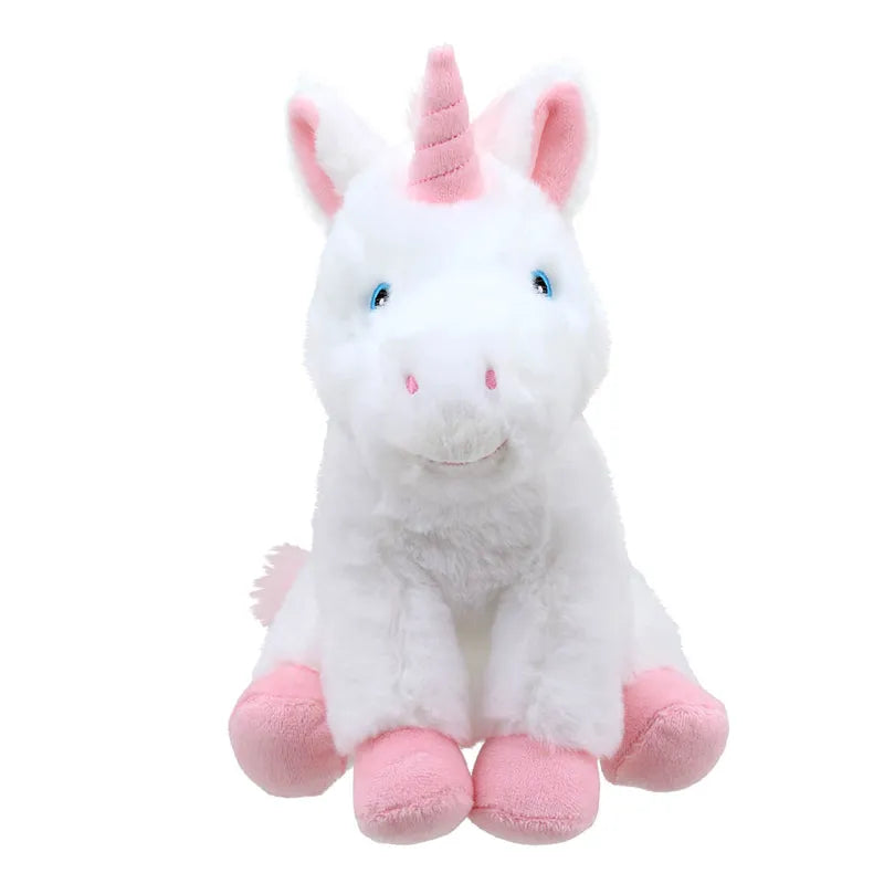 The Magic the Unicorn ECO Cuddlies is a plush toy with a white body, pink hooves, and a pink horn. Featuring small round eyes, it's made from recycled materials and sits upright on a white background.