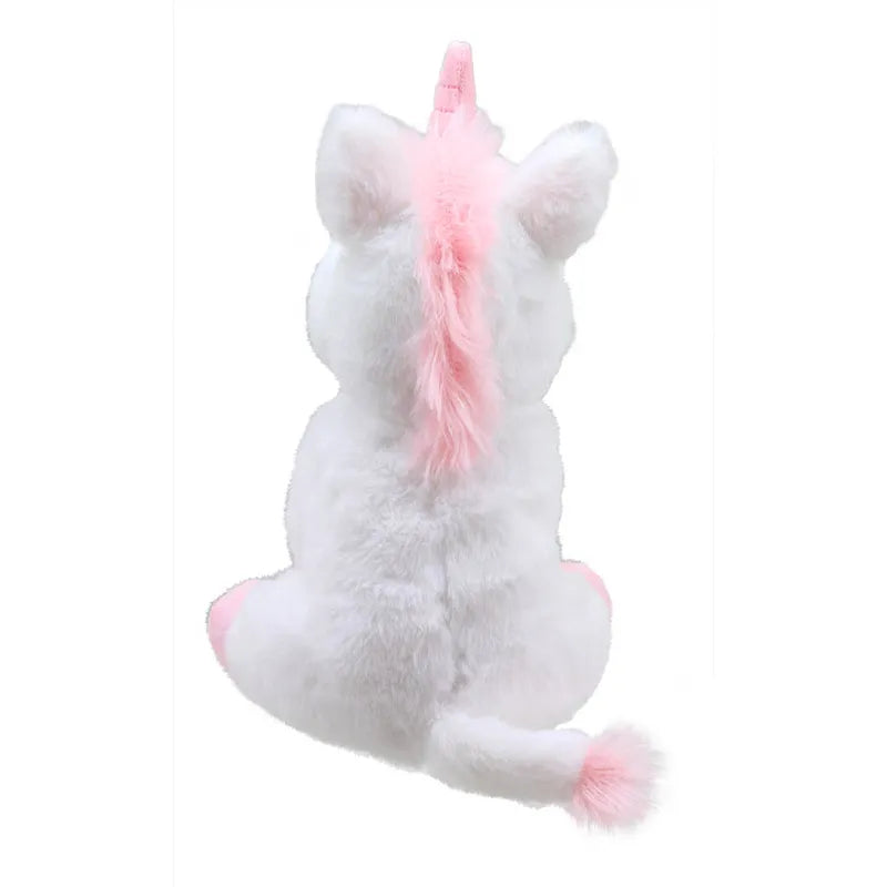 Introducing Magic the Unicorn ECO Cuddlies! This sweet plush toy, made from recycled materials, showcases fluffy white fur with charming pink details on its ears, hooves, mane, tail, and horn. Sitting cutely with a fluffy mane and pink tufted tail, it's perfect for snuggles.