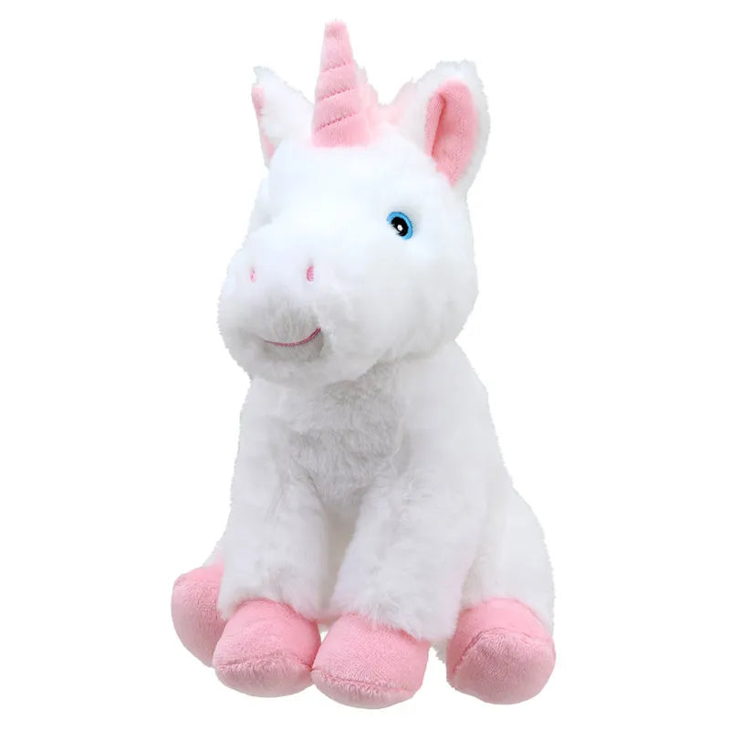 Meet Magic the Unicorn ECO Cuddlies, an eco-friendly soft toy made from recycled materials. This plush unicorn showcases white fur, blue eyes, and a pink horn, with matching pink ears and hooves. Sitting upright, it adds whimsical charm to your collection while being kind to the planet.