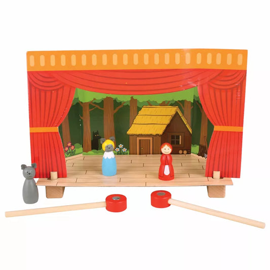 A scene of a Bigjigs Magnetic Theatre stage with a cat and a mouse.