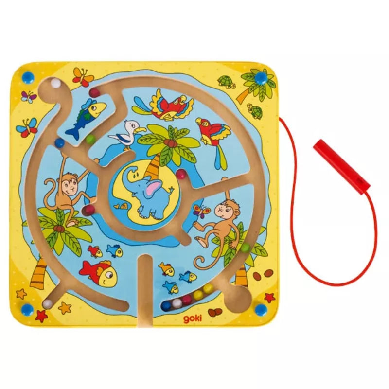 A Magnetic Maze Board Island with a red string.