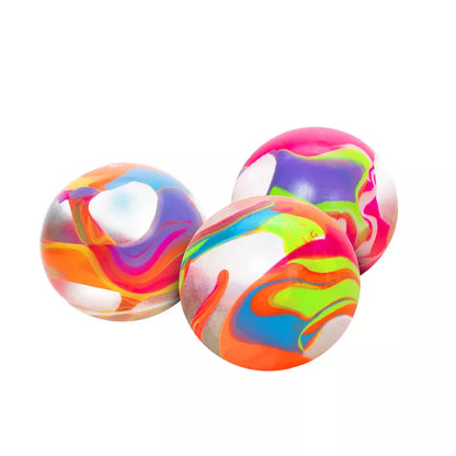 Three colorful, swirly-patterned Marbleez NeeDoh bouncy balls isolated on a white background.