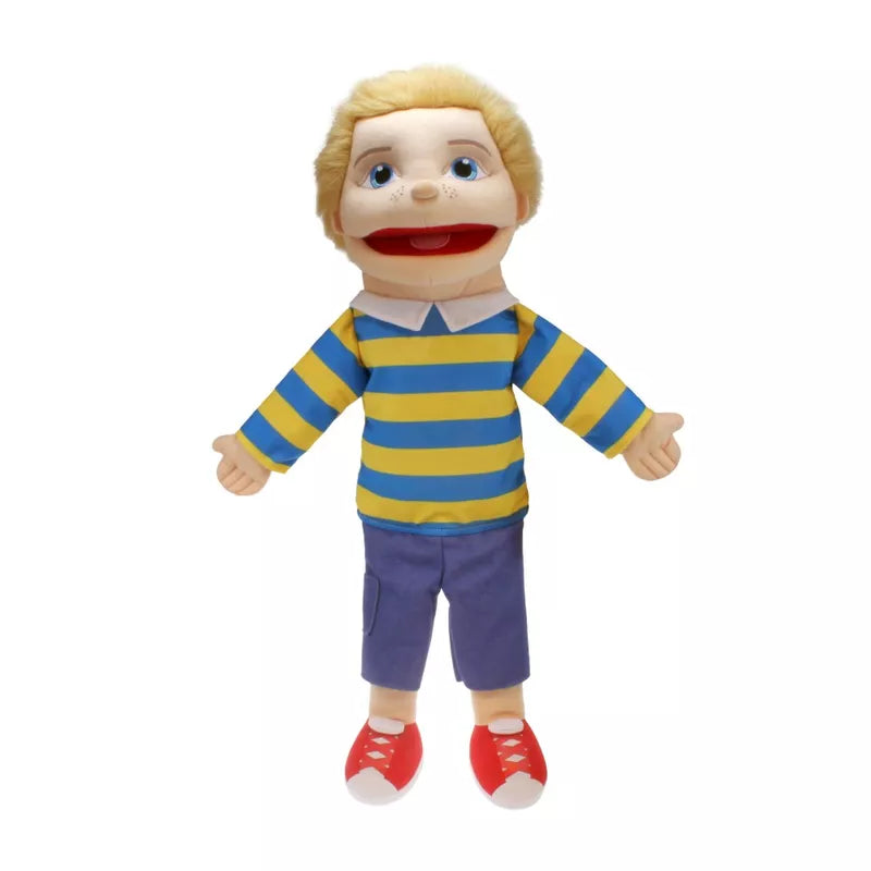 A tall Hand Puppet of a  Boy with Light Skin Tone, mouth moving and 57cm tall. Colourful clothes and detailed embroidered features and hair.