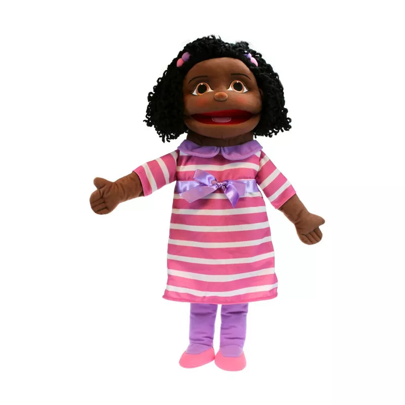 A tall Hand Puppet of a  Girl with Dark Skin Tone, mouth moving and 57cm tall. Colourful clothes and detailed embroidered features and hair.
