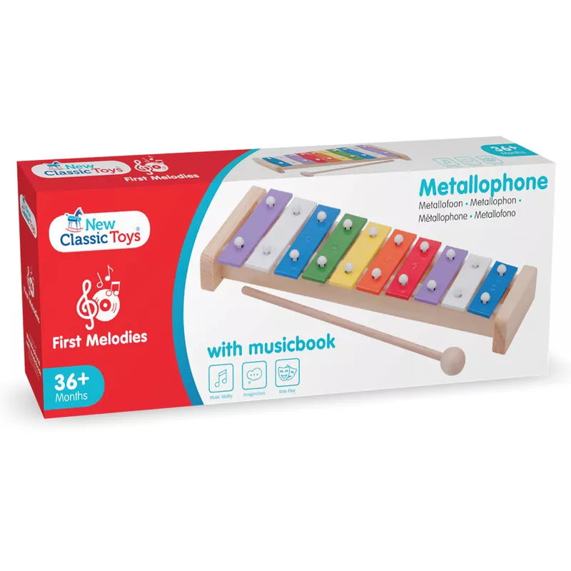 A metallophone with music book, featuring 10 colorful bars.