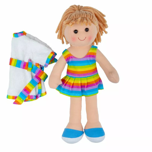 a stuffed doll with a colorful dress and diaper.