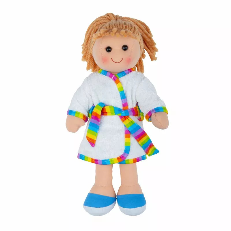 A Bigjigs Michelle Doll Medium with blonde hair wearing a white dress and blue shoes.