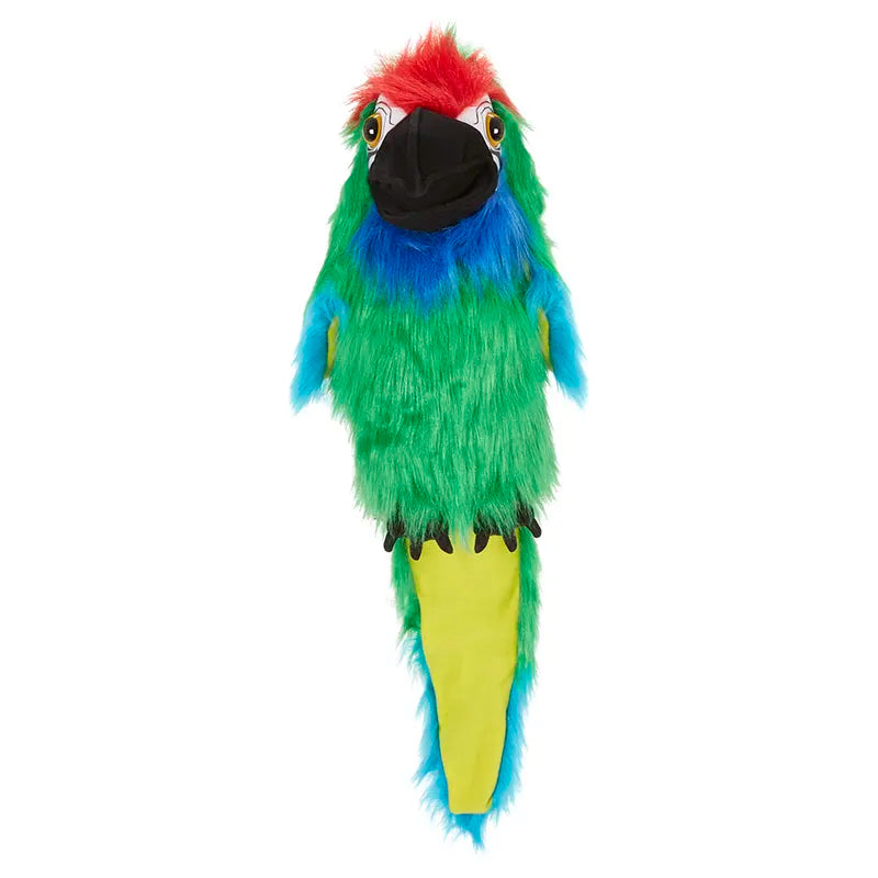 Introducing The Puppet Company Large Bird Military Macaw, a vibrant and colorful parrot puppet adorned in rich red, blue, green, and yellow feathers. This macaw-inspired glove puppet features a black beak and expressive eyes, with its body covered in soft, furry material. It also functions as a mouth-moving hand puppet for added fun.