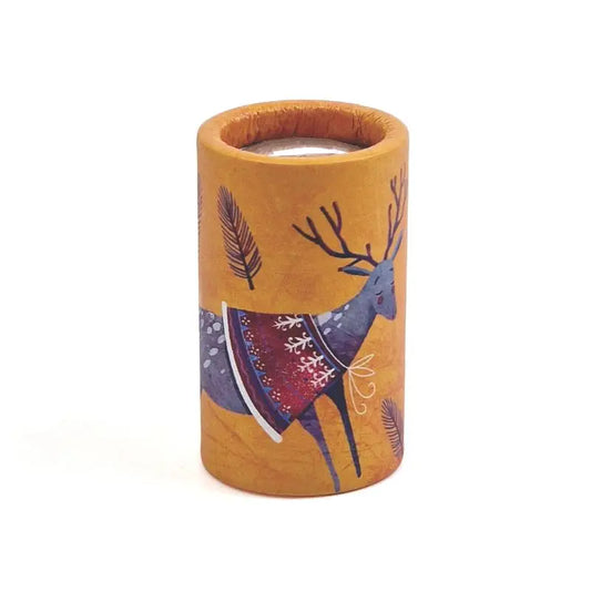 The Mini Kaleidoscope Deer features a yellow background with a reindeer in a patterned scarf and brown fern leaves—an ideal toy to spark curiosity during outdoor play.