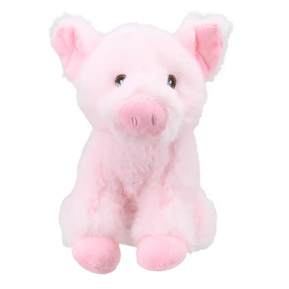 The Wilberry Mini Soft Toy Pig sits upright with large floppy ears, a round snout, and black button eyes. This soft, pink plush appears fluffy and friendly—making it an ideal toy for babies—set against a white background.