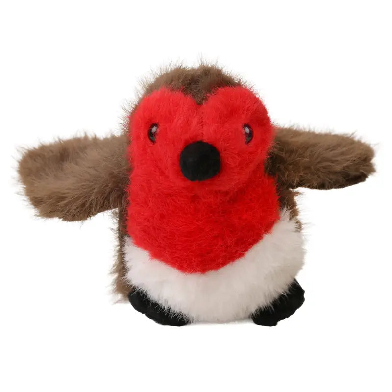 Introducing the Wilberry Mini Soft Toy Robin: crafted from recycled plastic plush, this charming soft toy features brown wings, a red face and chest, a white belly, black eyes, and a black beak. Sitting upright against a white background, it’s an ideal gift for toddlers.