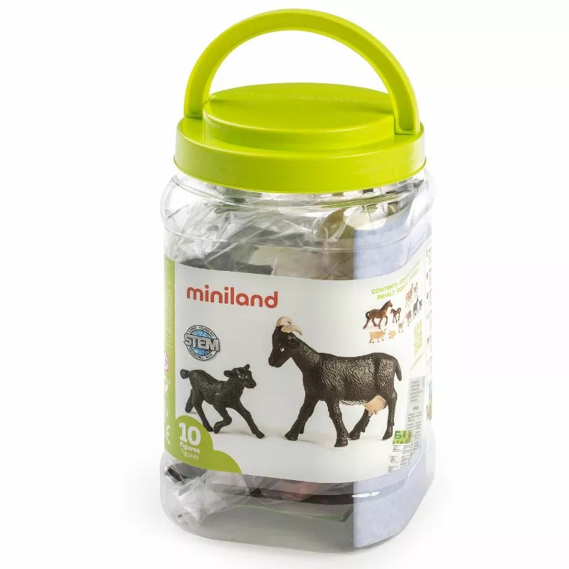 A plastic jar with green carry handle with Miniland Figures Farm Animals with Babies inside of it.