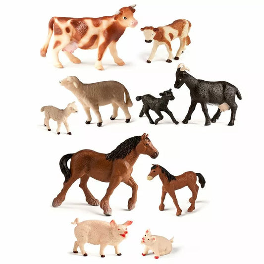 A group of Miniland Figures Farm Animals with their Babies on a white background.