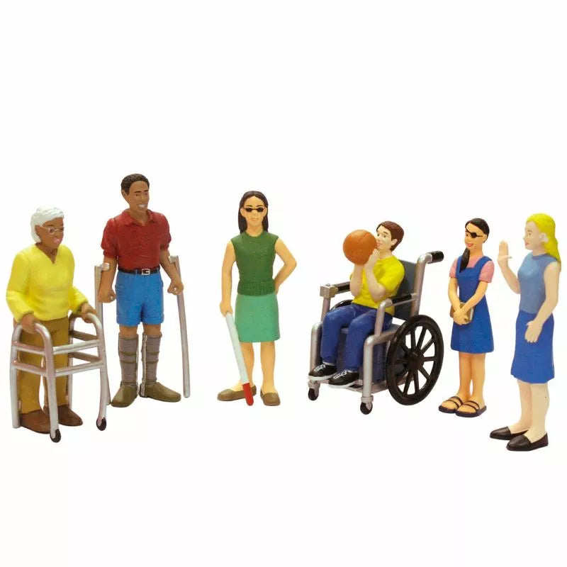 A group of Miniland Figures with functional diversity standing next to each other.