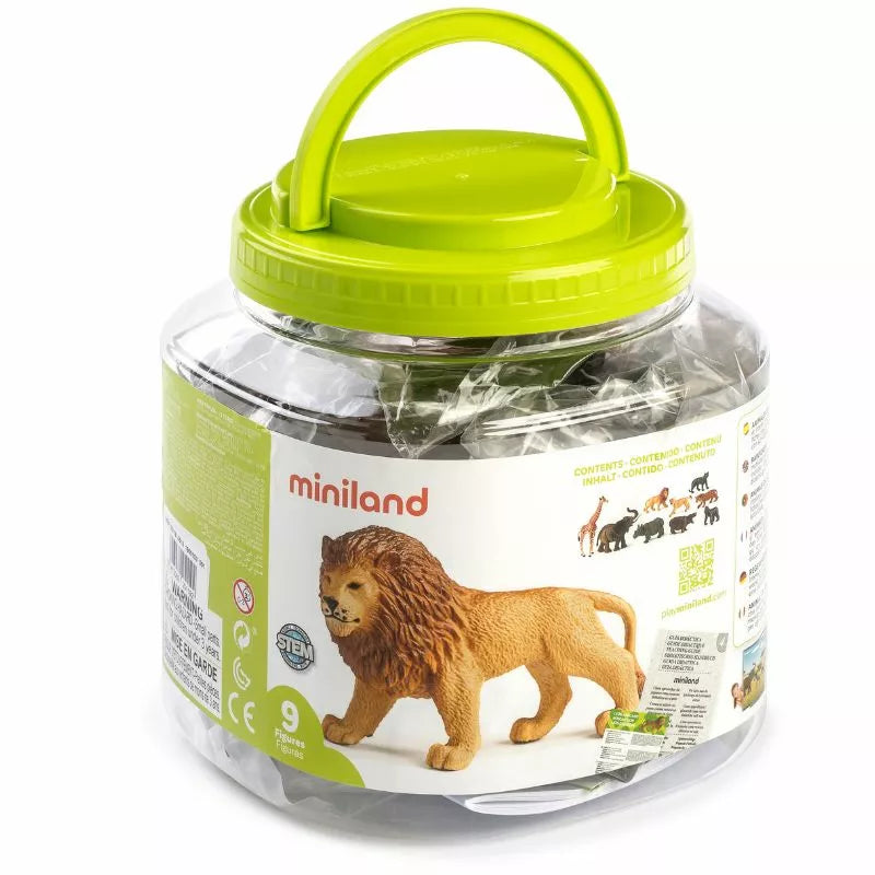A small jar with a plastic lid and Miniland Figures Jungle Animals inside of it.