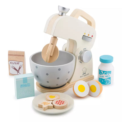 New Classic Toys Mixer Set White with a wooden spoon in it.