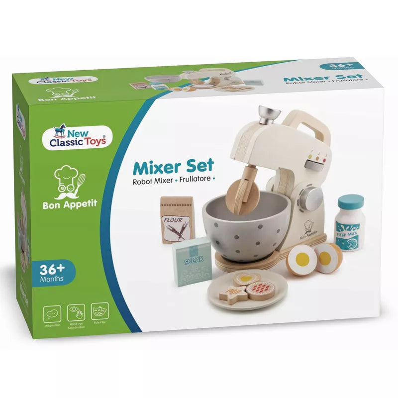 A box with the New Classic Toys Mixer Set White in it.