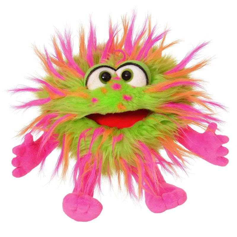 The Living Puppets Knibbels Hand Puppet is a fuzzy, round plush toy with long neon green, orange, and pink fur, big cartoon eyes, a wide red mouth, and pink hands and feet—ideal for creative play or as a cheerful monster puppet.