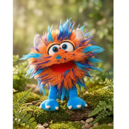 The Living Puppets Nubbels Hand Puppet features plush orange and blue fur, big eyes, small horns, and blue feet—ideal for imaginative play amidst greenery or at home.