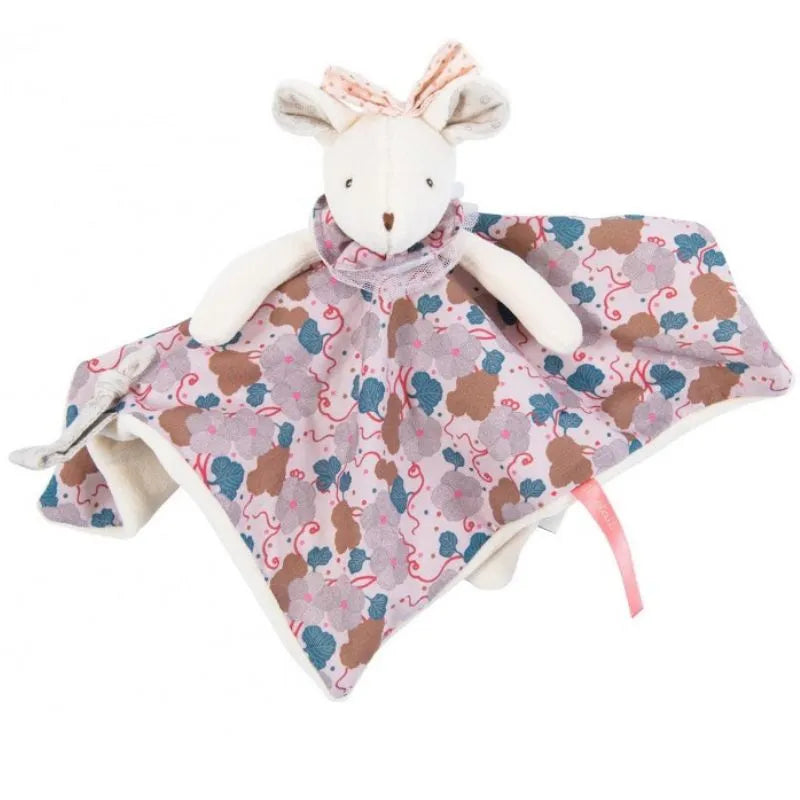 The Moulin Roty Grey Mouse Comforter is an adorable birth gift, resembling a mouse in a pink and blue floral-patterned dress with a bow on its head. The dress extends into a cozy comforter with a pink ribbon attached.