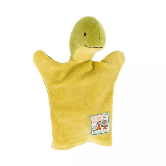 A Moulin Roty Camille Hand Puppet with a green turtle on its back.