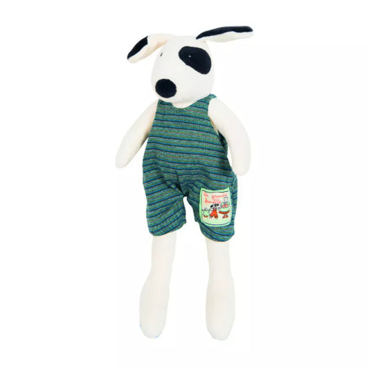 A Moulin Roty Julius Soft Toy dressed in a green and white striped outfit.