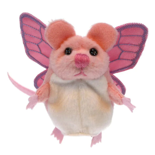 The Puppet Company Pink Mouse Finger Puppet is soft with pink fur, large pink ears, purple-pink butterfly wings, black button eyes, a pink nose, and a long pink tail.