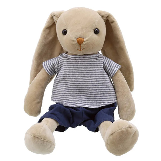 A beige stuffed rabbit, affectionately known as Wilberry Friend Mr Rabbit, with long ears, wearing a gray and white striped shirt and navy blue pants, is seated facing forward. This soft toy has black button-like eyes and a simple stitched nose and mouth, lovingly crafted from high quality materials.