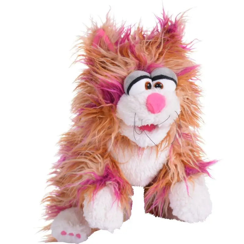 The Mrs Schmitt Cat Hand Puppet (31cm) features long, fluffy orange and pink fur, a white face and belly, big eyes with black eyebrows, a pink nose, and an open mouth for a playful expression.