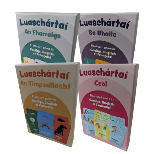 The Luaschártaí Bundle includes four Irish language flashcard sets for children: An Fharraige (Sea), Sa Bhaile (Home), An Timpeallacht (Environment), and Ceol (Music)—perfect for fun language learning.