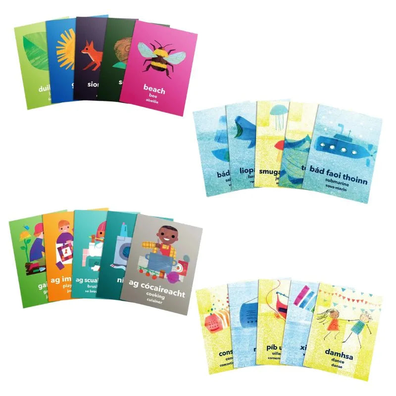 The Luaschártaí Bundle includes colorful illustrated cards, grouped by theme, each featuring simple drawings and both English and Irish text—ideal flashcards for children's vocabulary games and Irish language learning.