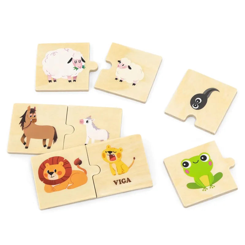 The Mom & Baby Puzzle Set consists of wooden puzzle pieces crafted for imaginative play, showcasing cartoon animals such as a lion, frog, and horse, alongside a goat parent with its kid sheep. While some pieces remain connected, others are scattered against a white background.