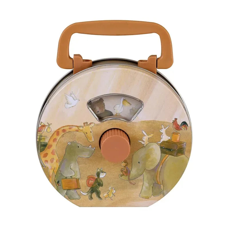 The Musical Radio Noah's Ark is a round, metal container adorned with a brown handle and knob, showcasing colorful illustrations of various animals like an elephant, giraffe, and birds in playful activities. This traditional tin toy evokes nostalgia and charm akin to a classic music box.