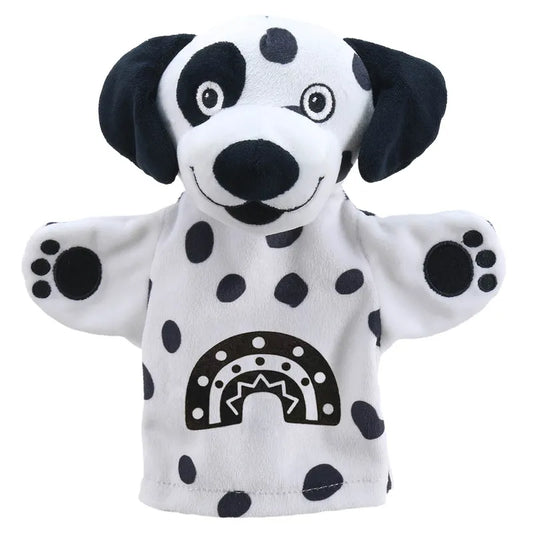 A hand puppet of My First Black & White Puppet Dog with black and white spots, big floppy ears, and a cheerful expression. The puppet features an open mouth and outstretched arms.