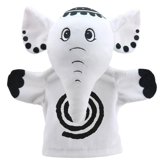 A plush hand puppet shaped like My First Black & White Puppet Elephant, featuring large ears with black spots, a long trunk with a spiral design, and expressive eyes. This interactive hand puppet is predominantly white with black accents.