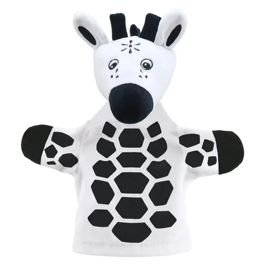 A hand puppet designed like My First Black & White Puppet Giraffe, featuring a black and white body with spots, a smiling face, and small horns to stimulate the senses.