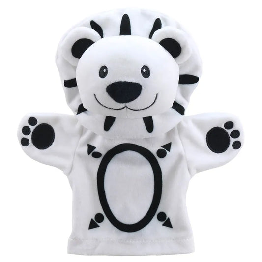 A hand puppet designed as My First Black & White Puppet Lion with a prominent mane and smiling face, crafted in black and white colors, to stimulate the senses.