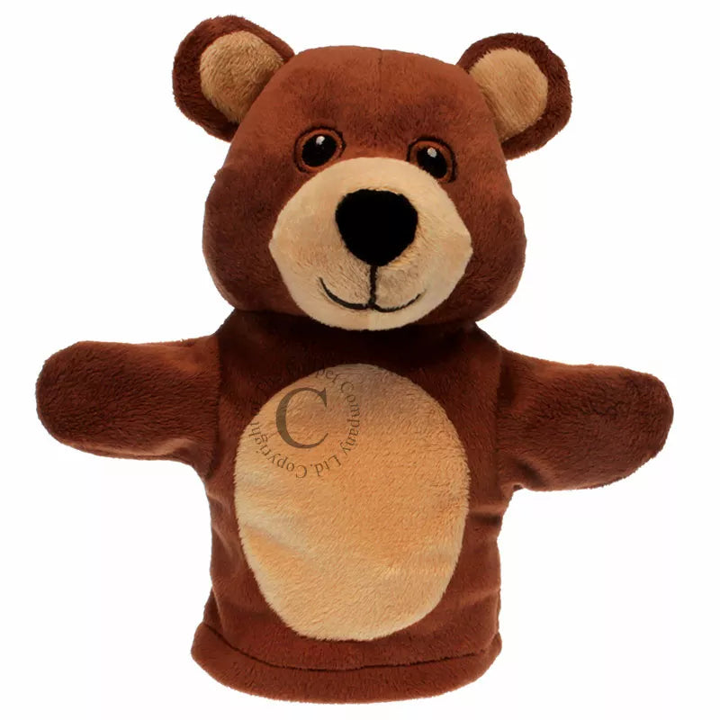 My First Puppet Bear is a glove puppet with a head shaped like a bear.  Made of very soft material and embroidered features. Safe to use from birth.