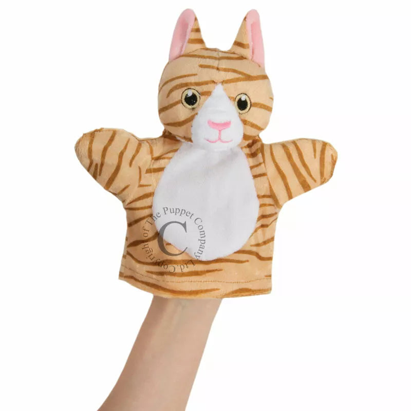 My First Puppet Cat is a glove puppet with a head shaped like a cat.  Made of very soft material and embroidered features. Safe to use from birth.