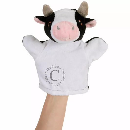 My First Puppet Cow is a glove puppet with a head shaped like a cow.  Made of very soft material and embroidered features. Safe to use from birth.