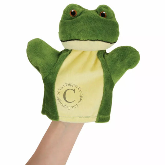 My First Puppet Frog is a glove puppet with a head shaped like a cfrogat.  Made of very soft material and embroidered features. Safe to use from birth.