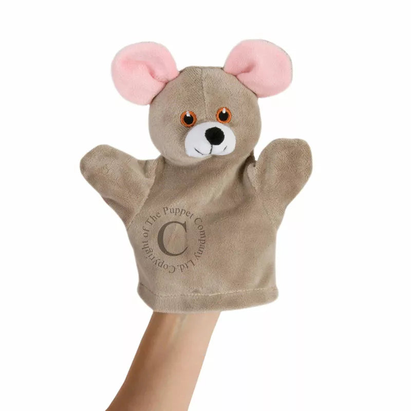 First Puppet Mouse is a glove puppet with a head shaped like a mouse.  Made of very soft material and embroidered features. Safe to use from birth.