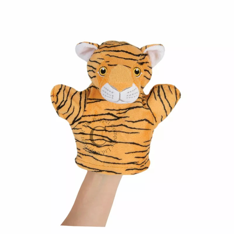 My First Puppet Tiger is a glove puppet with a head shaped like a tiger.  Made of very soft material and embroidered features. Safe to use from birth.