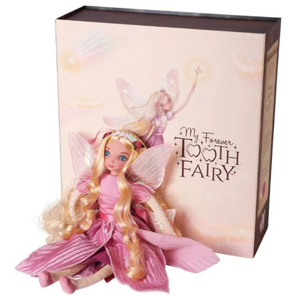 A delightful My Forever Tooth Fairy Gift Set is showcased with a blonde fairy doll wearing a pink dress, sparkling wings, and a flower crown. The gift box highlights an illustration of the fairy accompanied by the text "My Forever Tooth Fairy." Ideal as a unique present for children, the enchanting fairy holds a wand and displays a gentle, smiling expression.