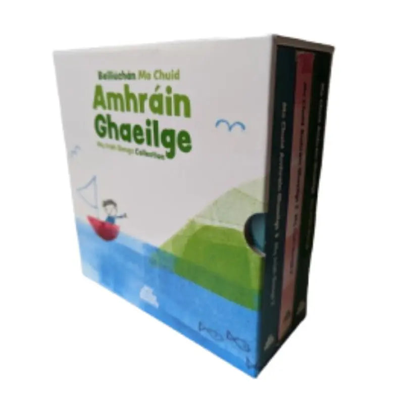 The "Bailiúchán Mo Chuid Amhráin Ghaeilge" box set features vibrant art of a child in a boat with seagulls overhead, and shows three Irish children's song books partly visible on the right side of the box.